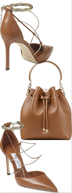 ♦Jimmy Choo dark tan calf leather Bon Bon bucket bag & tan nappa Olesia pumps with gold chains #jimmychoo #shoes #bags #brown #brilliantluxury