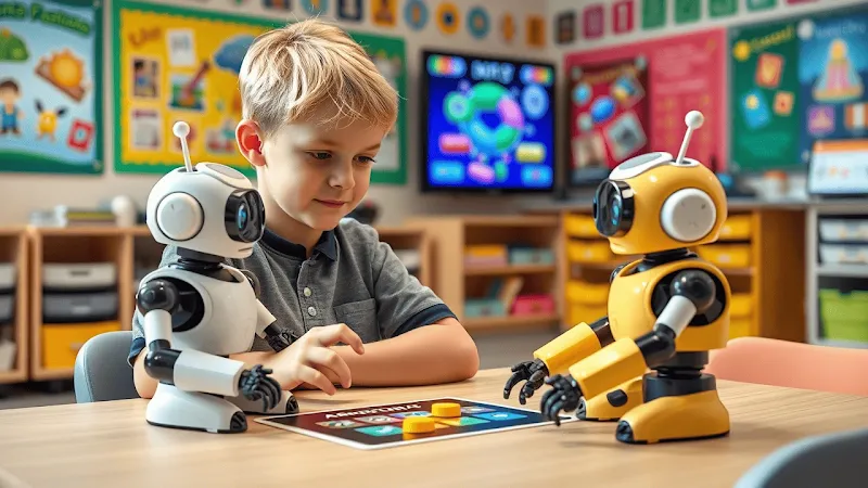 Children engage with AI-powered robots and STEM tools, fostering creativity, problem-solving, and ethical understanding in modern education.