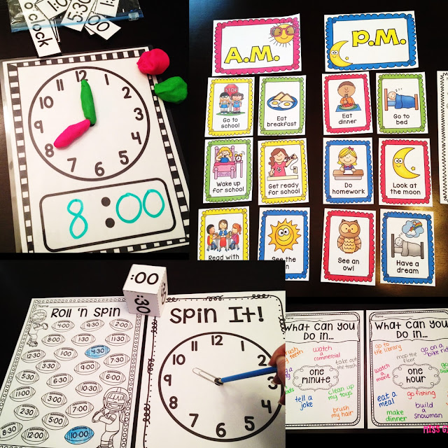 Telling time in kindergarten and first grade is easy with these fun telling time activities and games that make learning fun and hands on for small groups or centers - there are ideas for the entire year of math!