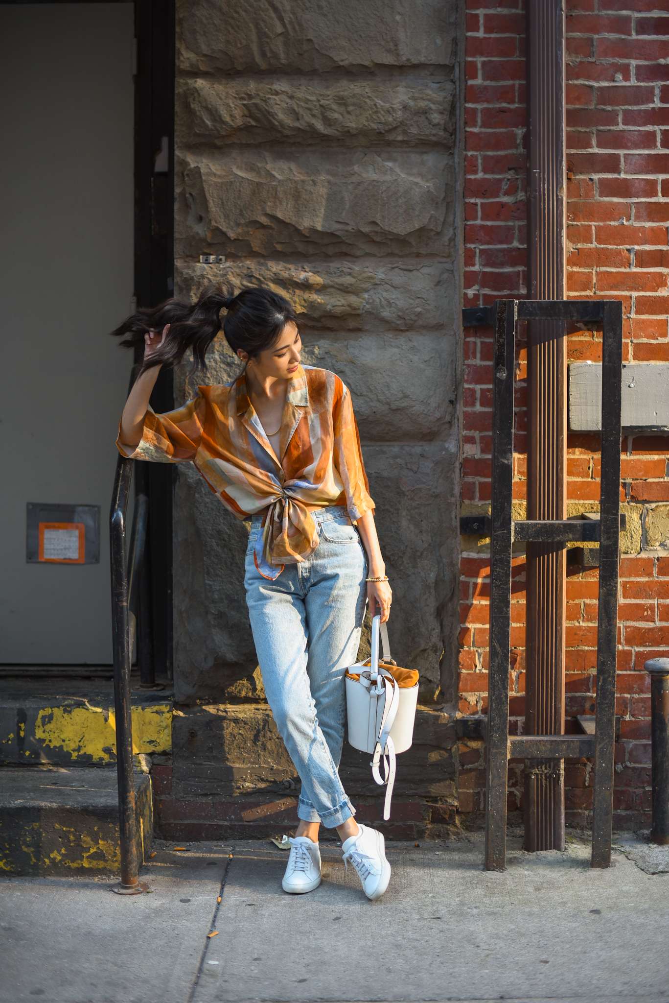 Aritzia Aries button up, gold tone jewelry, summer outfit ideas, rustic orange shirt, New York casual style - FOREVERVANNY.com