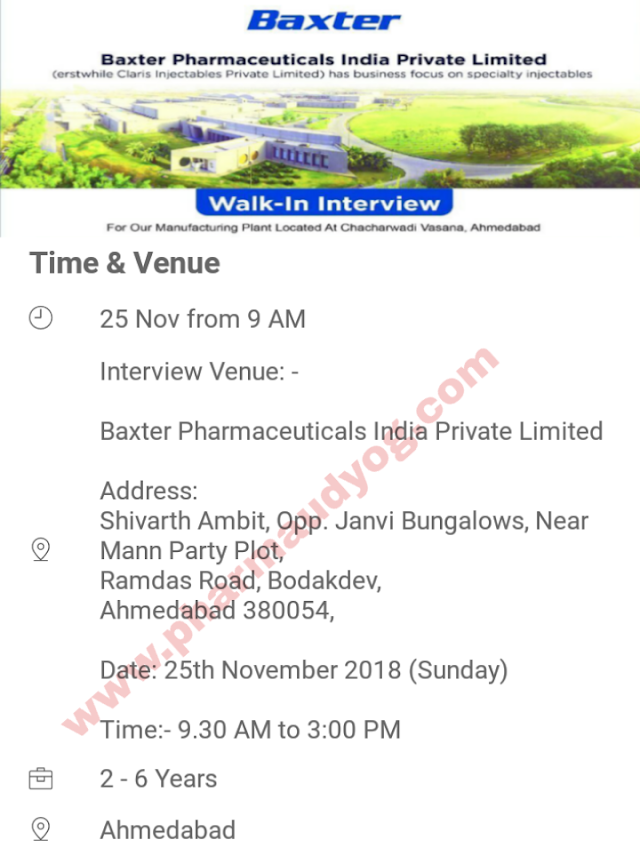 Baxter Pharmaceuticals | Walk-In for Multiple Departments | 25th November 2018 | Ahmedabad