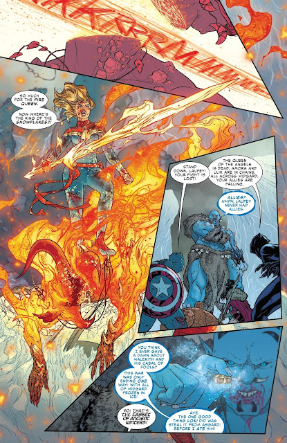 Captain Marvel kills Sindr the queen of Muspelheim and takes her sword.