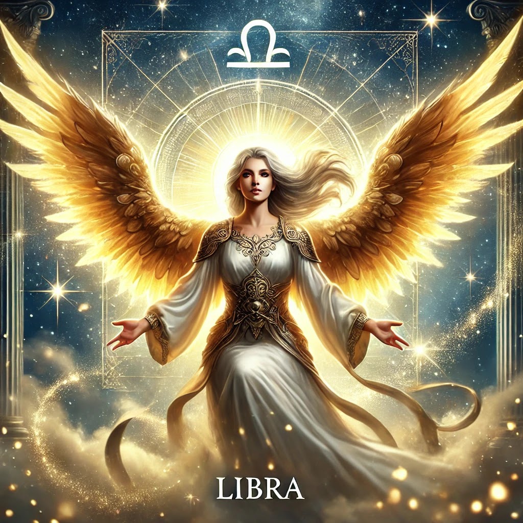 A majestic angel with open wings, radiating confidence and strength, empowering Libra to step into their divine power.