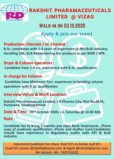 Job Availables, Rakshit Pharmaceuticals Ltd Interview For Production Chemist/ Sr. Chemist / Dryer & Column Operators / Column Incharge