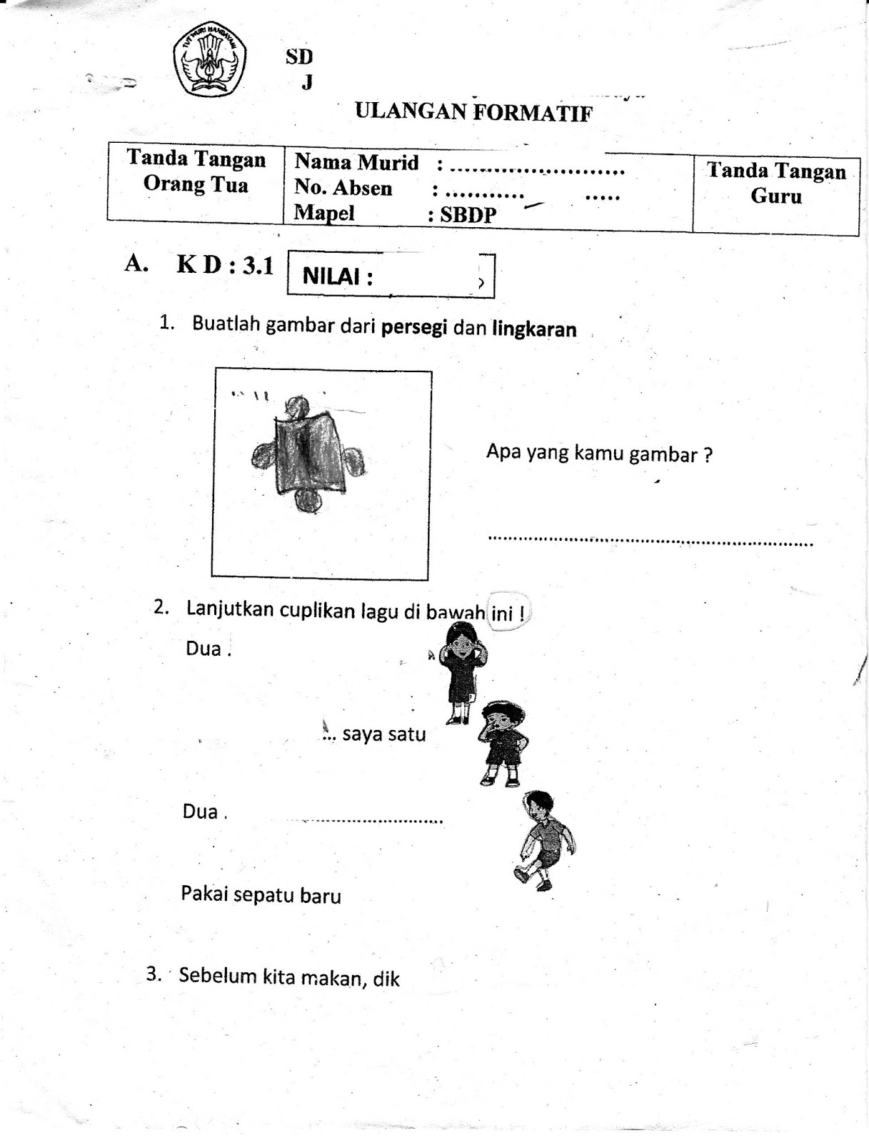 Formatif 1 SBDP SD Kelas 1 Semester Ganjil TA 2015 2016 Kurikulum 2013