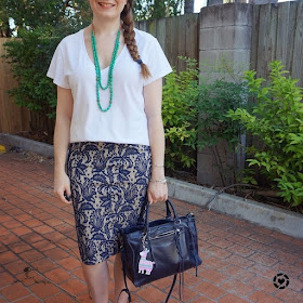 awayfromtheblue Instagram white tee lace skirt green necklace navy regan bag summer business casual office style