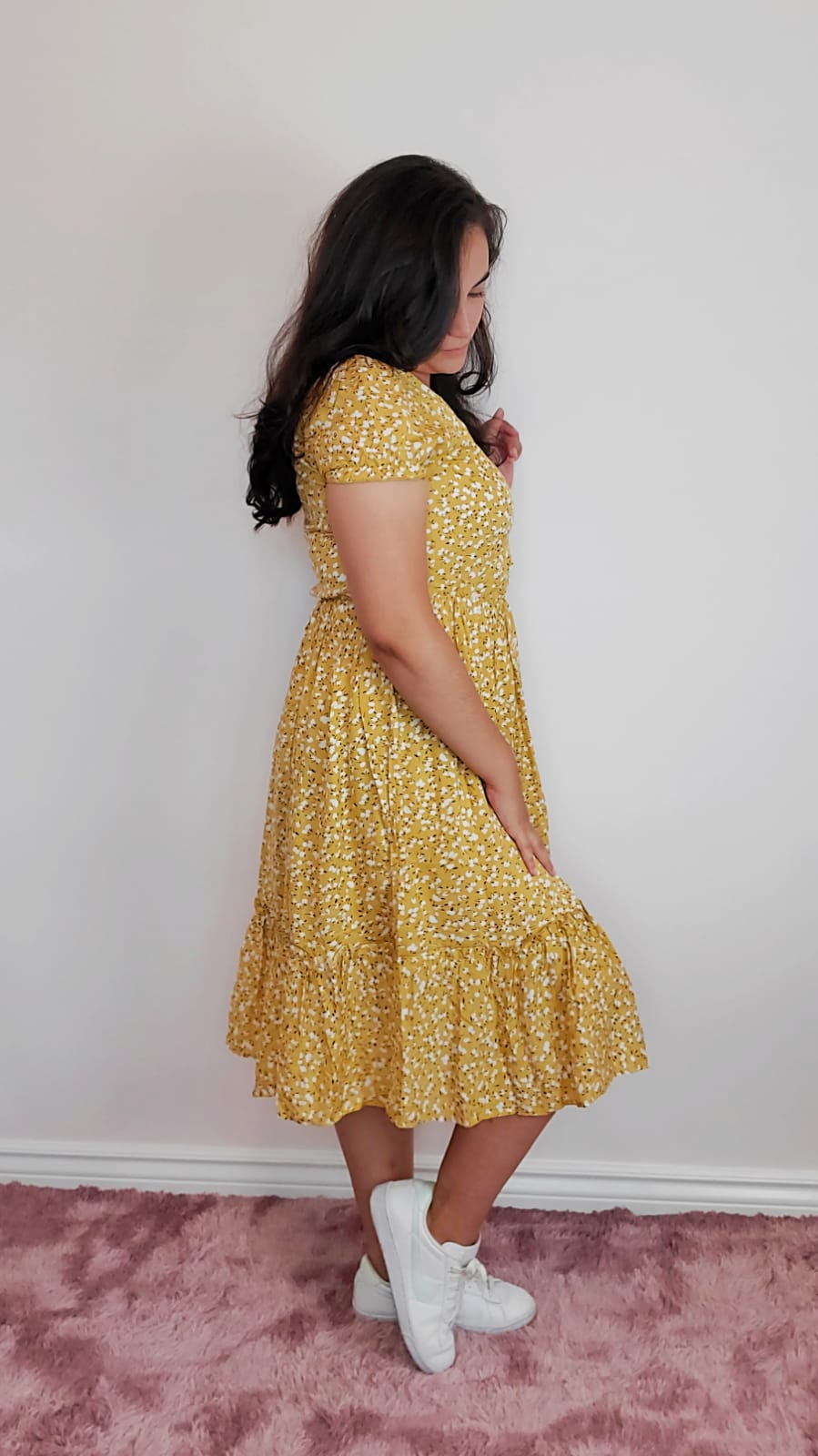 Shein Ditsy Floral Button Front Frill Ruffle Hem Dress - Yellow Midi Dress - Modest OOTD - Modest Outfit Idea - Dress with White Sneakers - Christian and Catholic Modesty