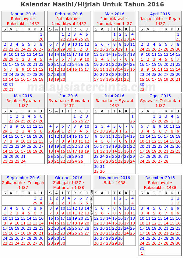 Kalendar Islam 2016 Masihi 1437 1438 Hijrah