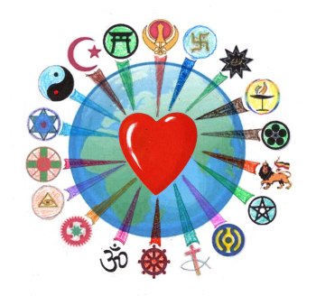 Heart surrounded by various religion symbols