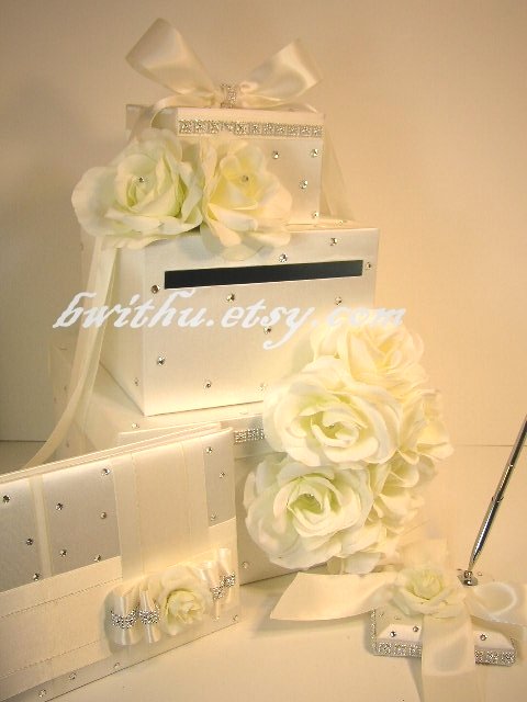 Ivory 3 tier wedding card box Ivory roses with Swarovski Crystal