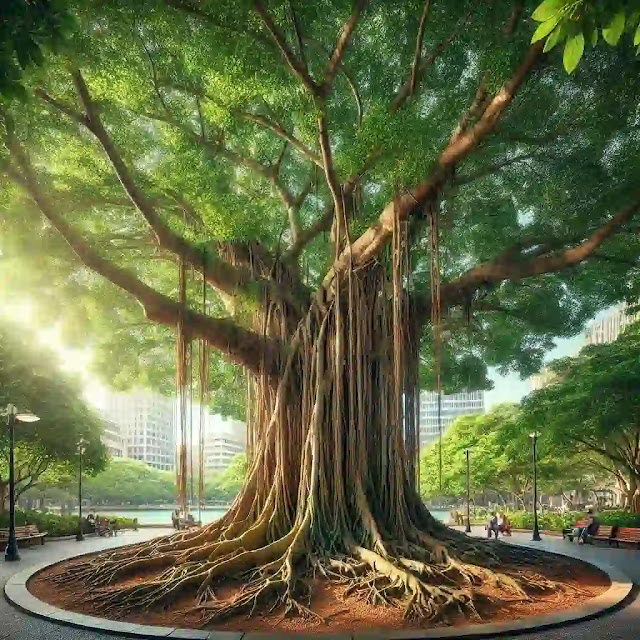 Pohon Kiara raksasa dengan akar menjuntai ke tanah