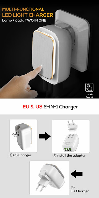 TOPK 3.4A 3 Ports Auto-ID USB Travel Wall Charger Adapter With Touch LED Lamp US UK AU EU Plug