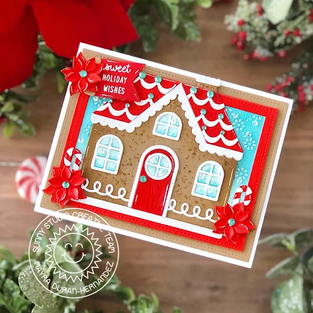 Sunny Studio Stamps: Icing Border Dies Stitched Rectangles Gingerbread House Dies Christmas Card by Mayra Duran-Hernandez