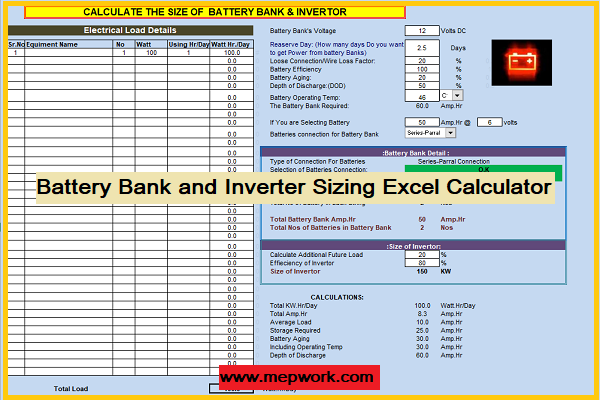 Battery Bank and Inverter Sizing Excel Calculator xls