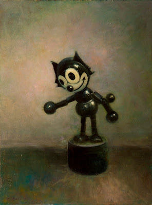 An oil painting by artist Colin Barclay of a vintage children's toy