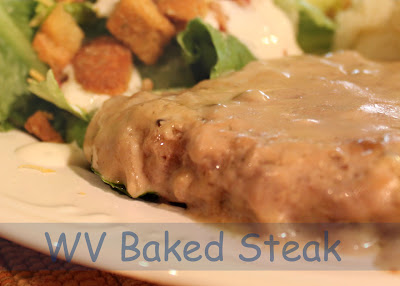 West Virginia Baked Steak cooks in a delicious mushroom gravy.