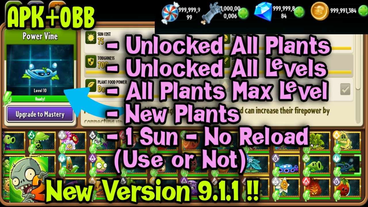 Plants Vs Zombies 2 Mod Apk+Obb 9.1.1 - Unlimited Coin Gems Unlocked Plants Max Level Full Map For Android