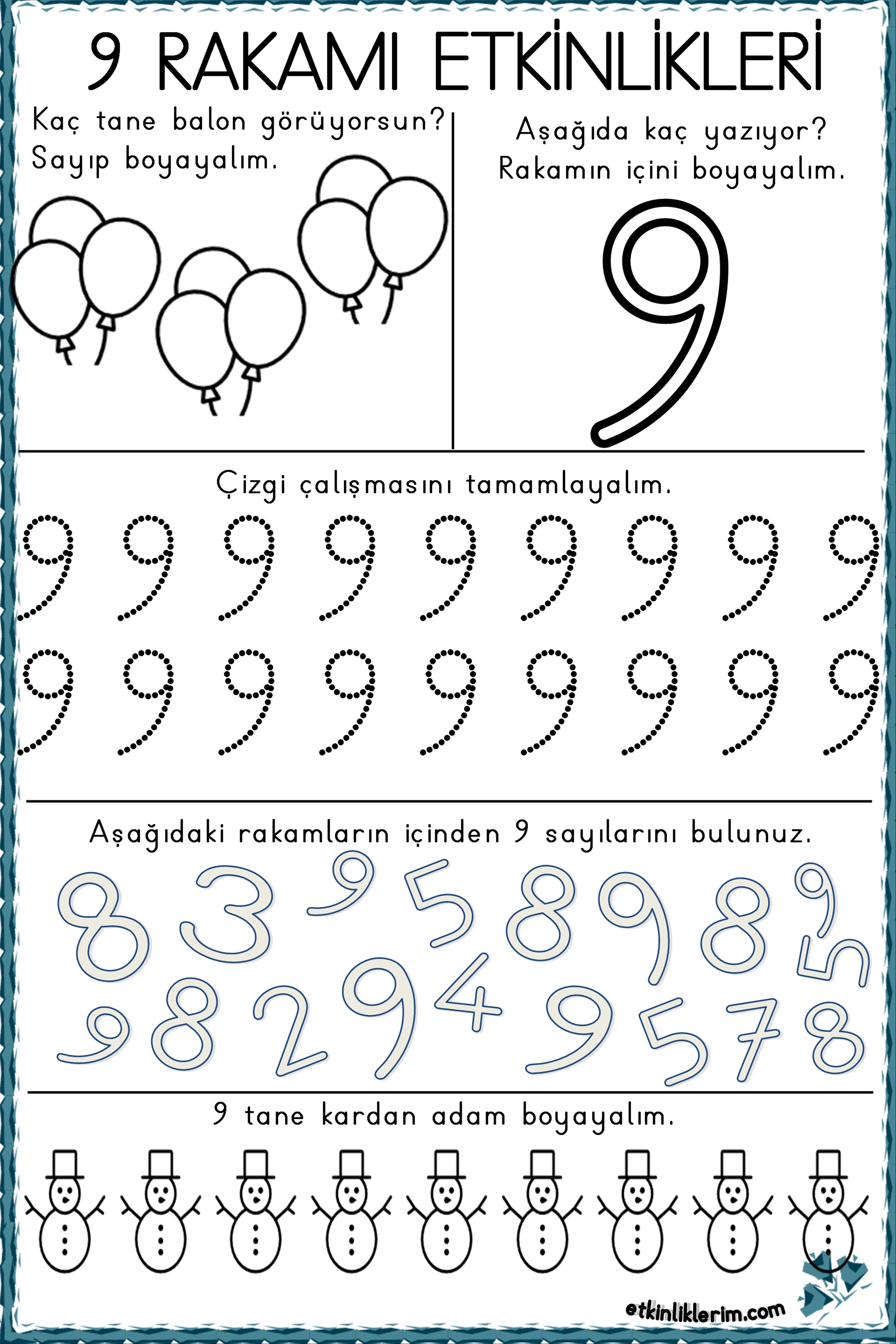 9 rakamı dokuz boyama etkinlikleri 9 sayısı çizgi çalışması 9 okul öncesi etkinlik