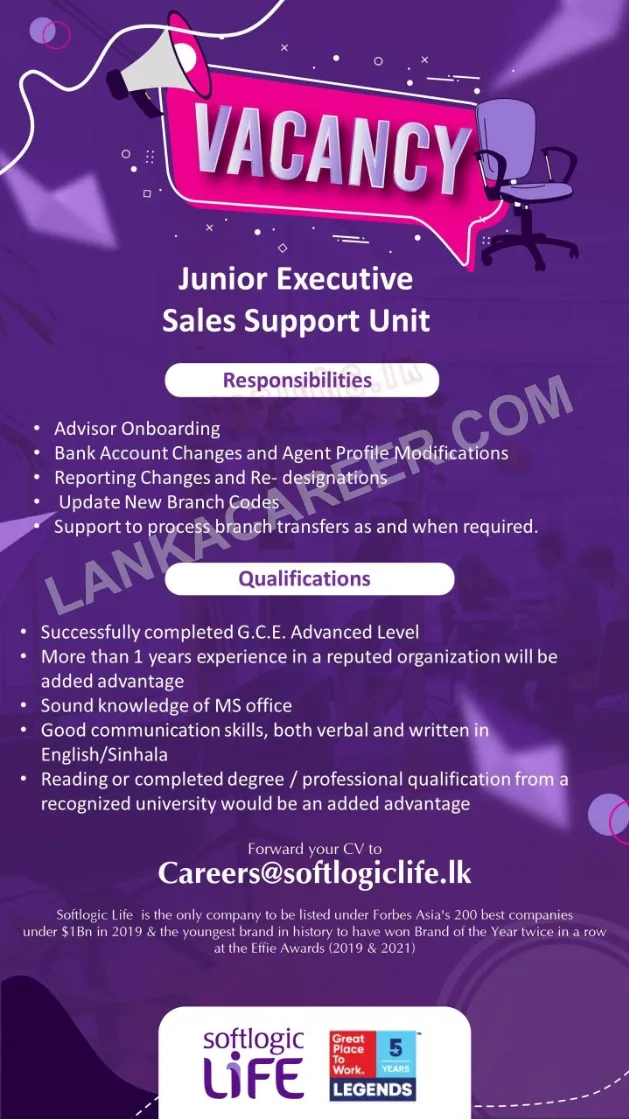 Softlogic Life Insurance Official Job Advertisement 2024