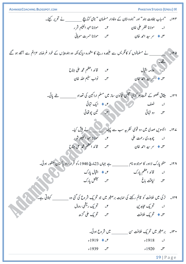 Adamjee Coaching Making Of Pakistan Mcqs Pakistan Studies