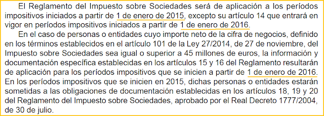 Reglamento del Impuesto de Sociedades (RD 634/2015) fecha efectos entrada en vigor