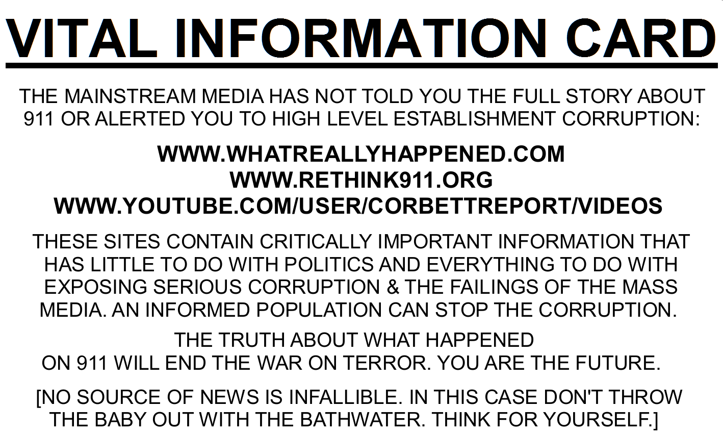 911 Truth and Anti-Corruption Vital Information 'BUSINESS CARD': Street Action Promo Material