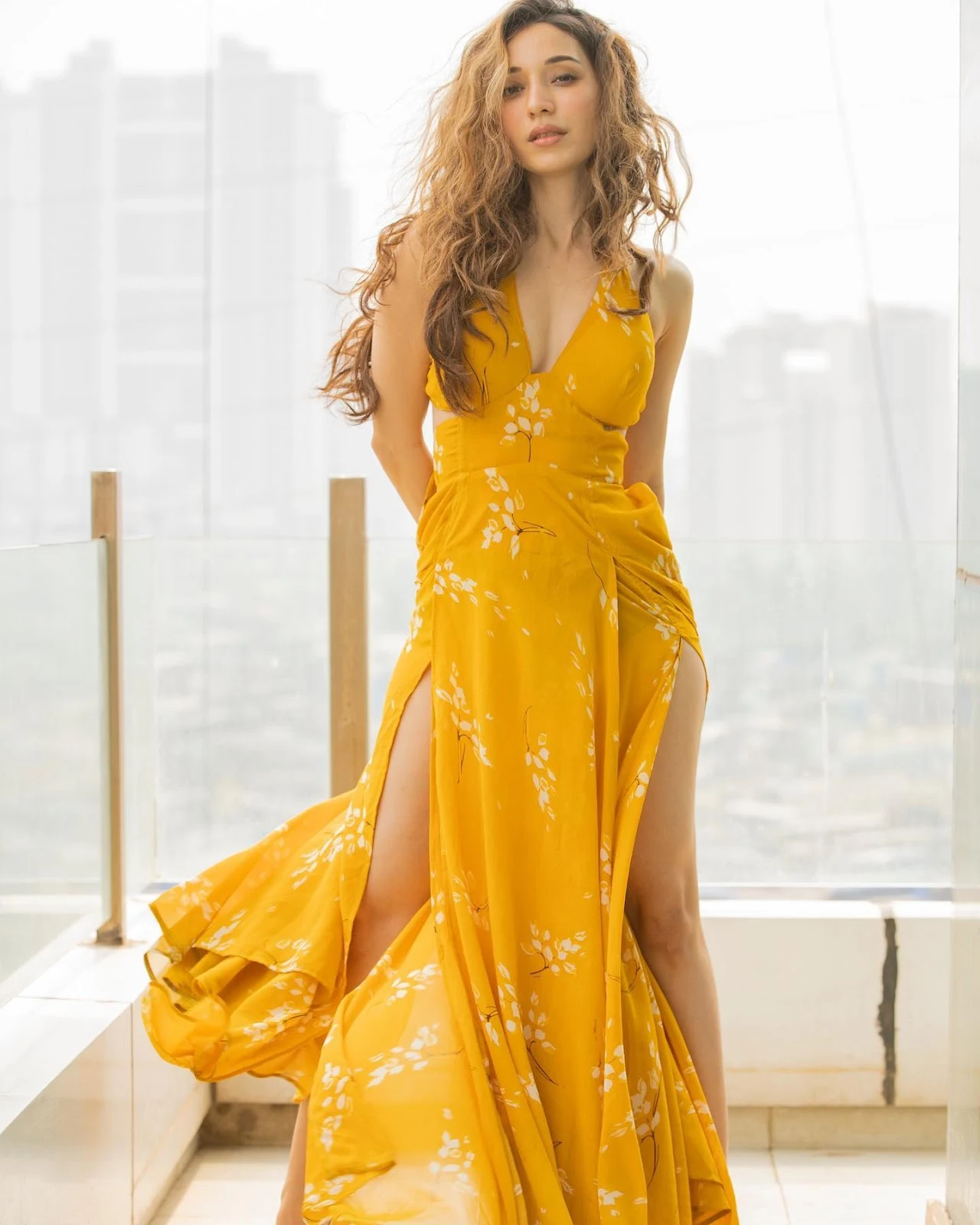 heli daruwala sexy legs high slit yellow dress