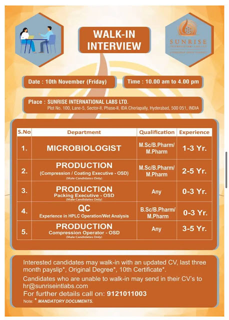 Sunrise International Walk In Interview For Production/ QC/ Microbiologist/ Packing