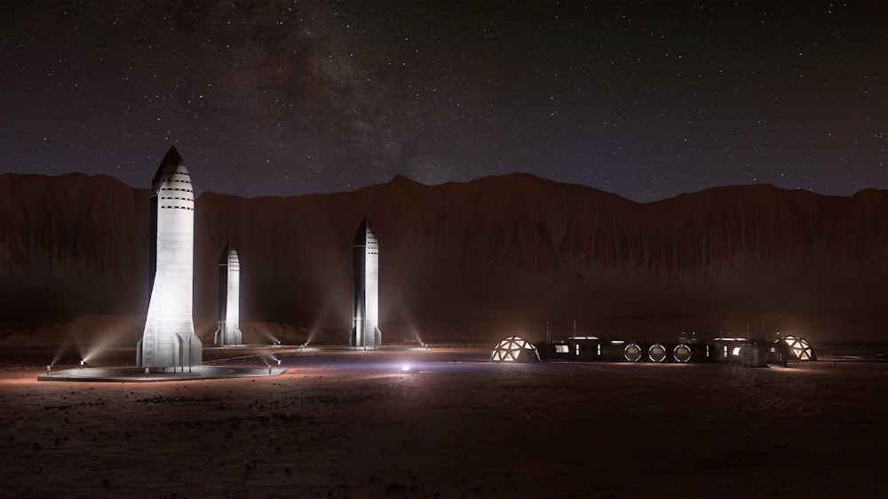 SpaceX Starships at Mars Base Alpha (night) by Konstantin Ermolaev