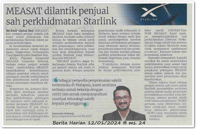 MEASAT dilantik penjual sah perkhidmatan Starlink | Keratan akhbar Berita Harian 12 Januari 2024