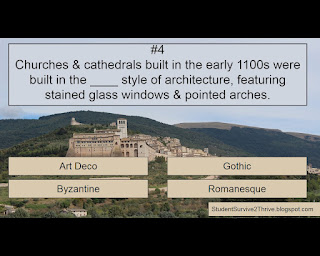 Churches & cathedrals built in the early 1100s were built in the ____ style of architecture, featuring stained glass windows & pointed arches. Answer choices include: Art Deco, Gothic, Byzantine, Romanesque