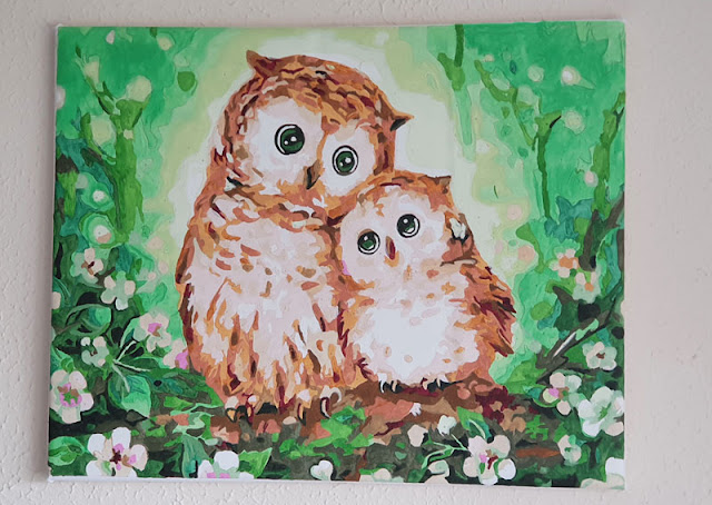 Completed paint by numbers canvas print of owls