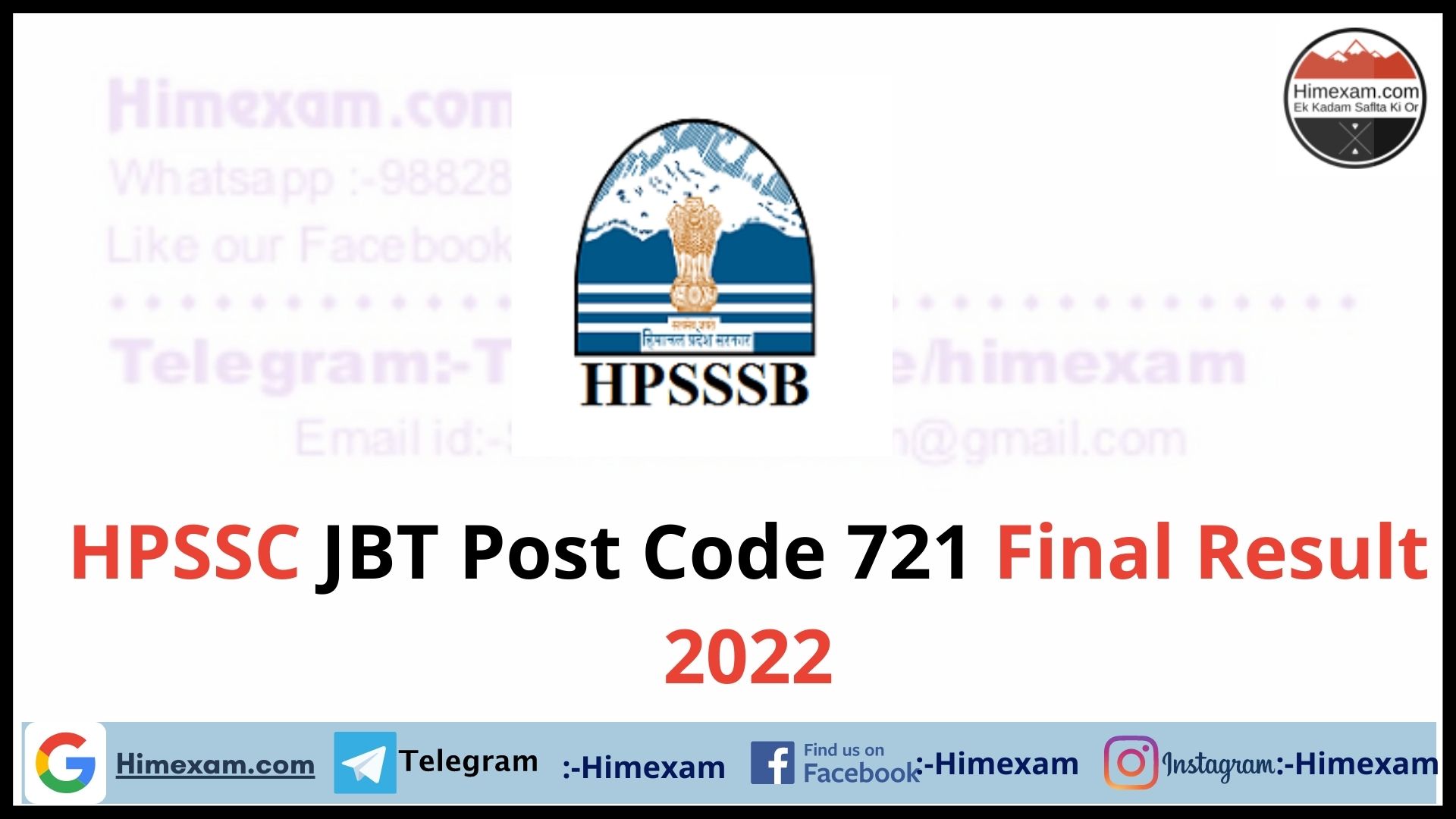 HPSSC JBT Post Code 721 Final Result 2022
