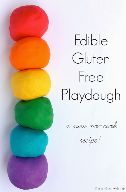 {NEW recipe} Super soft Edible Gluten Free Playdough - no cook and ready in under three minutes!  Safe for babies and toddlers and anyone who is gluten-free!  From Fun at Home with Kids