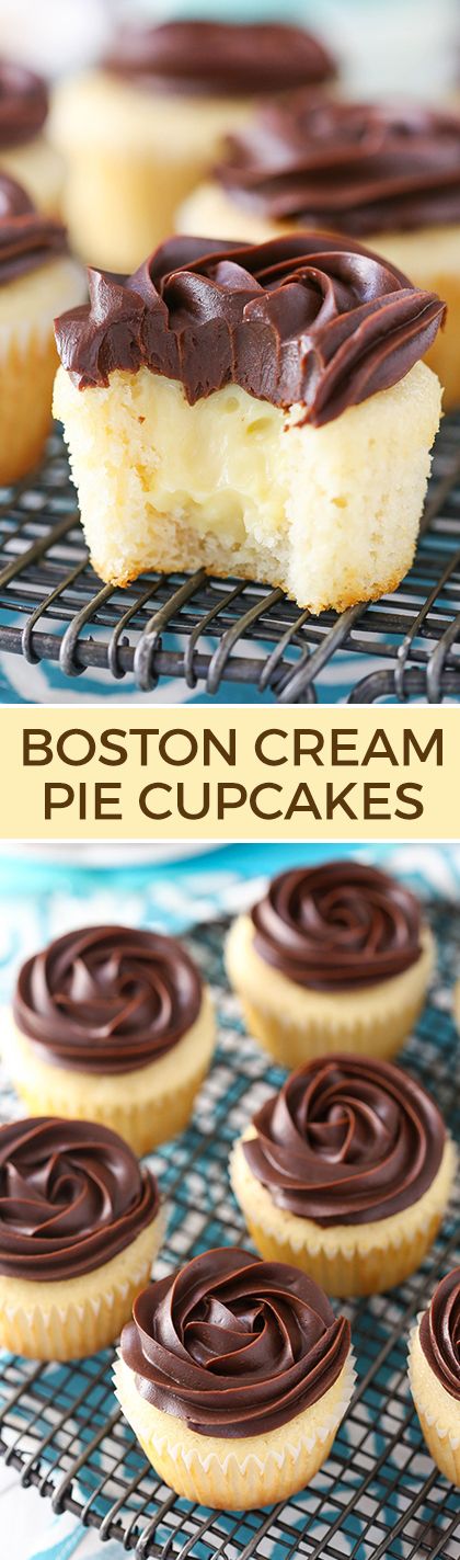 Boston Cream Pie Cupcakes - a moist, fluffy vanilla cupcake with pastry cream filling and a chocolate ganache rosette on top! Beautiful and delicious!: