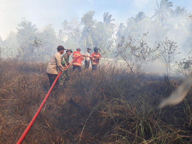 Babinsa David Alaslan bersama Babinsa Saprizal Berjibaku Memadamkan Api yang Melalap Lahan Kosong