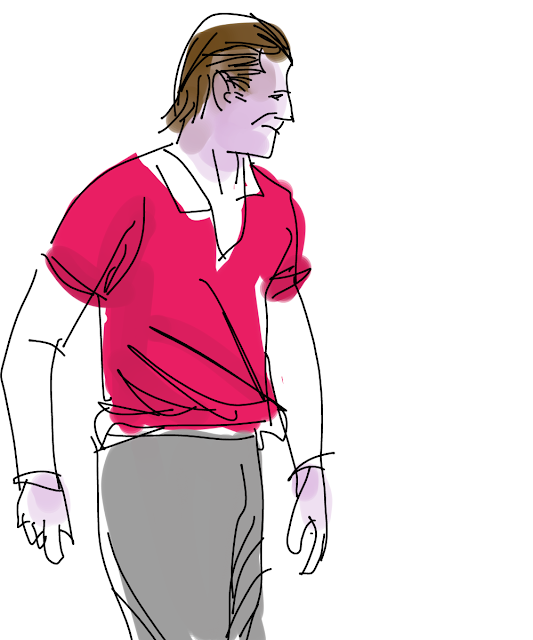 illustration of man walking in red shirt and grey pants