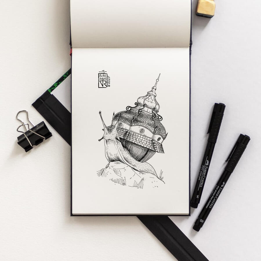 03-Elaborate-snail-house-Fantasy-Sketchbook-Drawing-Rom-www-designstack-co