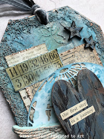 MDF Tag with Tim Holtz Globe die and ephemera