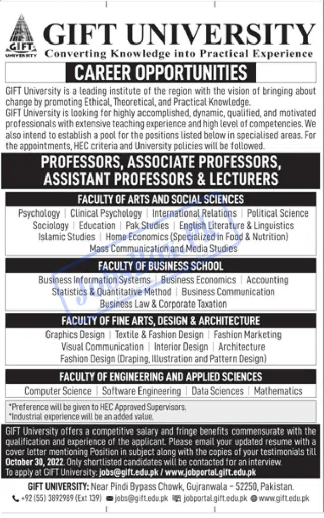 Gift University Gujranwala Jobs 2022 - jobs@gift.edu.pk Jobs 2022 - www.jobportal.gift.edu.pk Jobs 2022