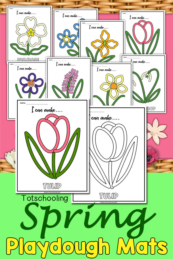 FREE printable Spring playdough mats featuring 8 types of flowers including tulips, daisy, daffodil and more!