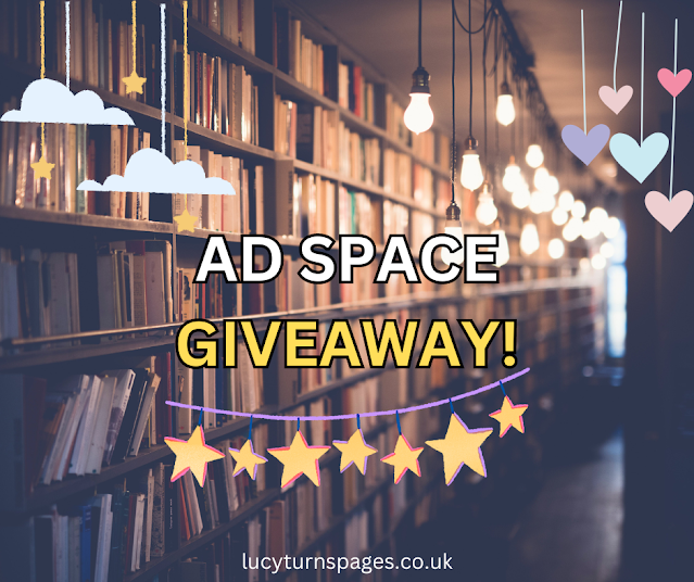 Colorful graphic featuring a promotional banner for a blog giveaway, highlighting opportunities to win free advertising space for books, blogs, or businesses.