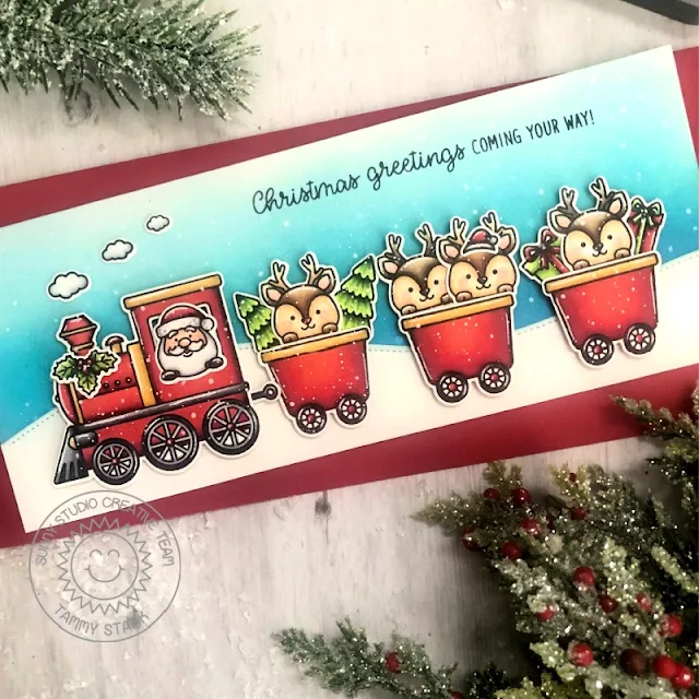 Sunny Studio Stamps: Holiday Express Slimline Dies Train Themed Christmas Card by Tammy Stark