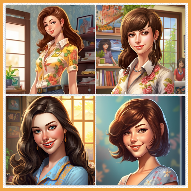 4 illustrations of a brunette woman character graphic