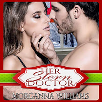 Her Stern Doctor audiobook cover. A young man and woman embrace, heatedly 