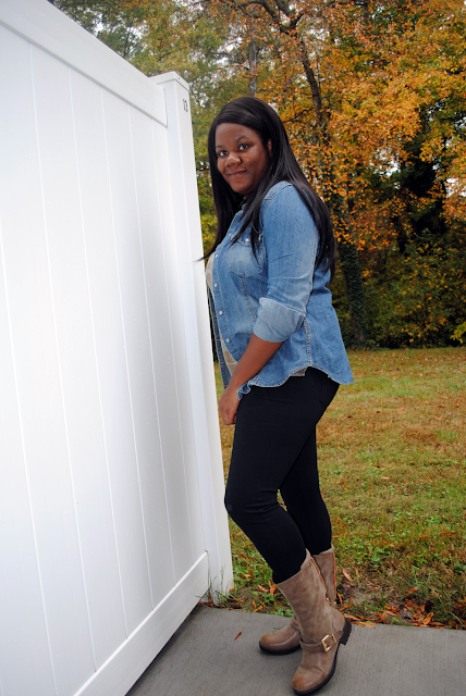 Fall Camo | Truly Yours, A. - An outfit post featuring a camo t-shirt, denim shirt, black pants and brown moto boots.