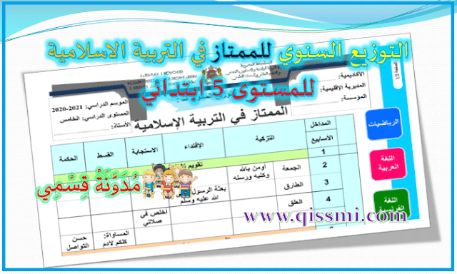 التوزيع السنوي للممتاز في التربية الاسلامية للمستوى 5 الخامس وفق المنهاج المنقح