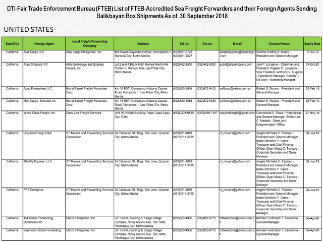 Every overseas Filipino worker (OFW) must be aware of the cargo company where they send their hard-earned balikbayan boxes. Make sure that you only entrust them to the cargo and freight forwarders accredited by the Department of Trade and Industry (DTI) to assure its safety.        Ads      Sponsored Links  There were reports of loss, pilferage, and damaged items due to mishandling. If your cargo company is not licensed and accredited by the DTI, chances are, your complaints will be for nothing and you will lose your packages forever especially if the sent your cargo to a fly-by-night courier service.  DTI has released the latest list of accredited cargo forwarders as of September 2018.                                                                                                                                                                                                                                                                                  Just check the list of the accredited cargo forwarders in your host country to make sure that the balikbayan box you diligently saved for months just to send them to your loved ones may surely reach its destination safely and should any problem arise, you can always reach the DTI to file complaints.    For complaints and queries, you can contact DTI at the following:   DEPARTMENT OF TRADE & INDUSTRY Trade & Industry Building 361 Senator Gil J. Puyat Avenue, Makati City Metro Manila, Philippines 1200  Trunkline: (+632) 7510-DTI (384) Office Hours: 8:00am-5:00pm, Monday to Friday (excluding holidays)  DTI Direct Hotline: (+632) 751.3330 Mobile: (+63) 917.834.3330 Email: ask@dti.gov.ph Filed under the category of overseas Filipino worker, OFW, balikbayan boxes, cargo and freight forwarders, Department of Trade and Industry , DTI accredited, 