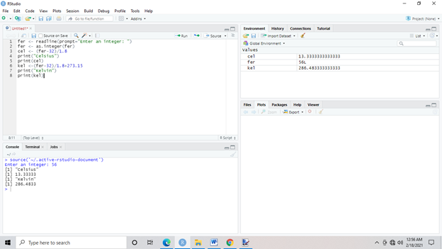 Write a R program to accept temperatures in Fahrenheit (F) and print it in Celsius(C) and Kelvin (K).