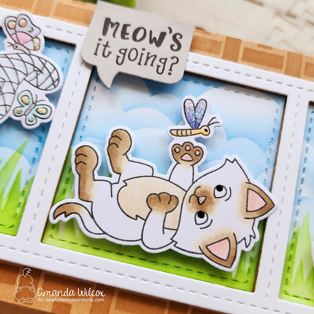 Meow's it Going? Slimline Cat Card by Amanda Wilcox | Captivated Kittens Stamp Set, Basketweave Stencil, Slimline Die Set and scene building stencils by Newton's Nook Designs #newtonsnook #handmade